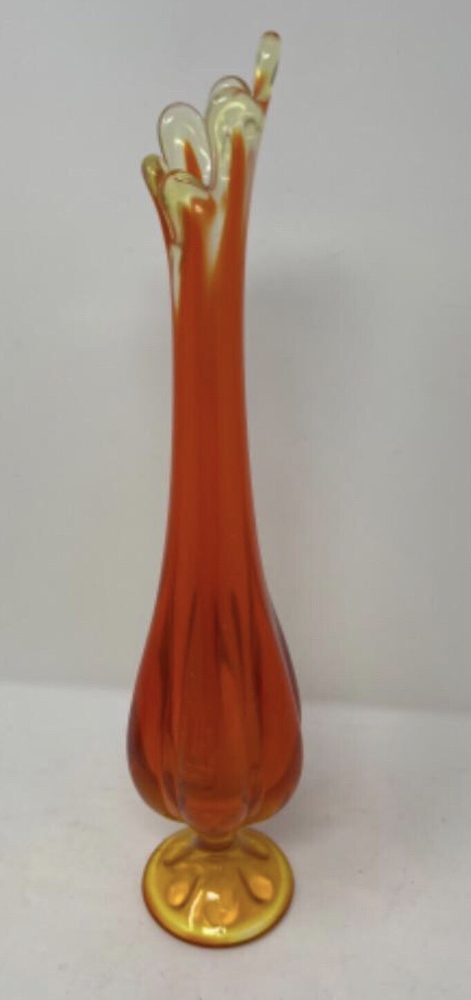 Vtg MCM Viking Glass 6 Petal 15” Swung Vase in Persimmon Amberina