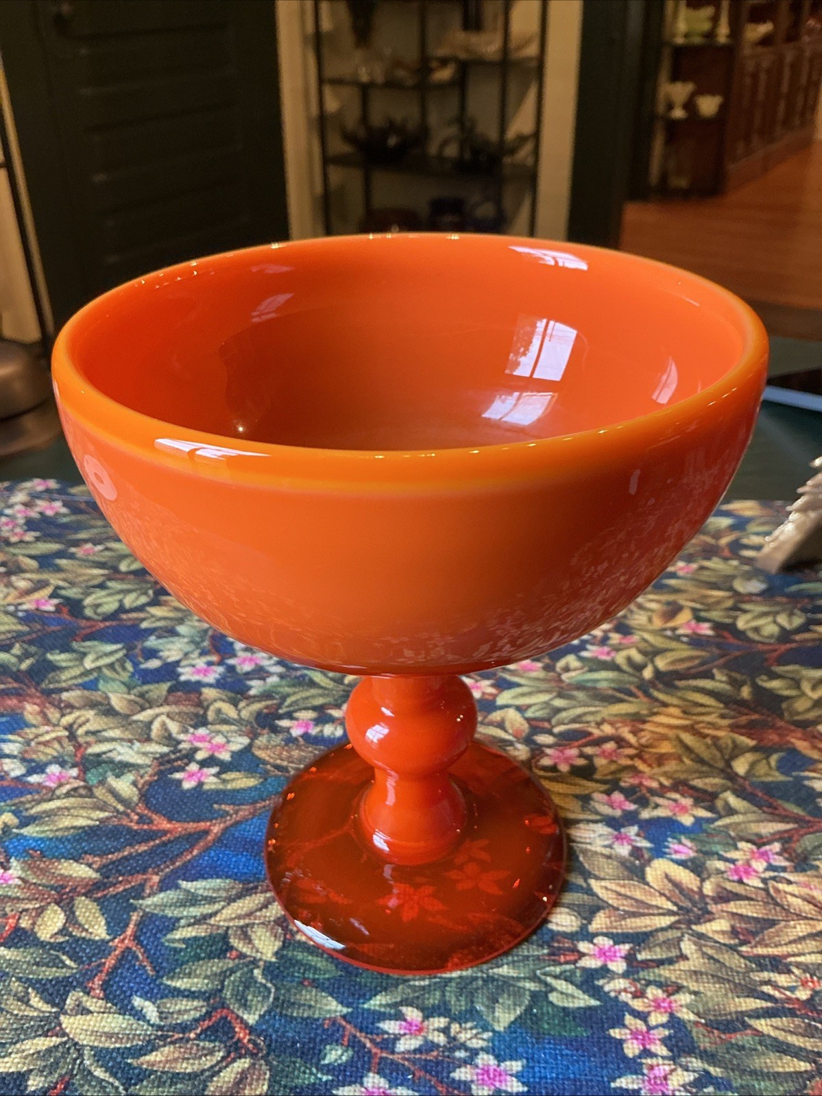 MCM 6.75” Erik Hoglund Boda Opaque Orange Glass Compote Signed Retro