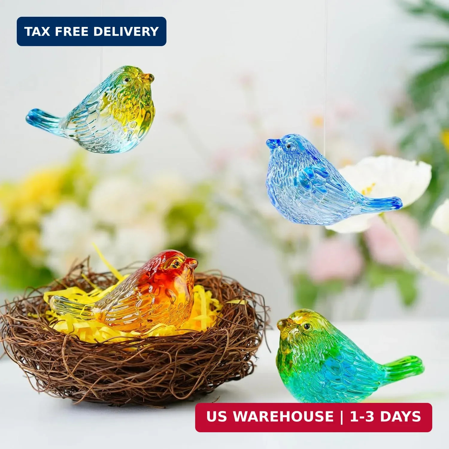 HDCRYSTALGIFTS 4PCS Colorful Crystal Birds Figurines – 3” Art Glass Birds Anima