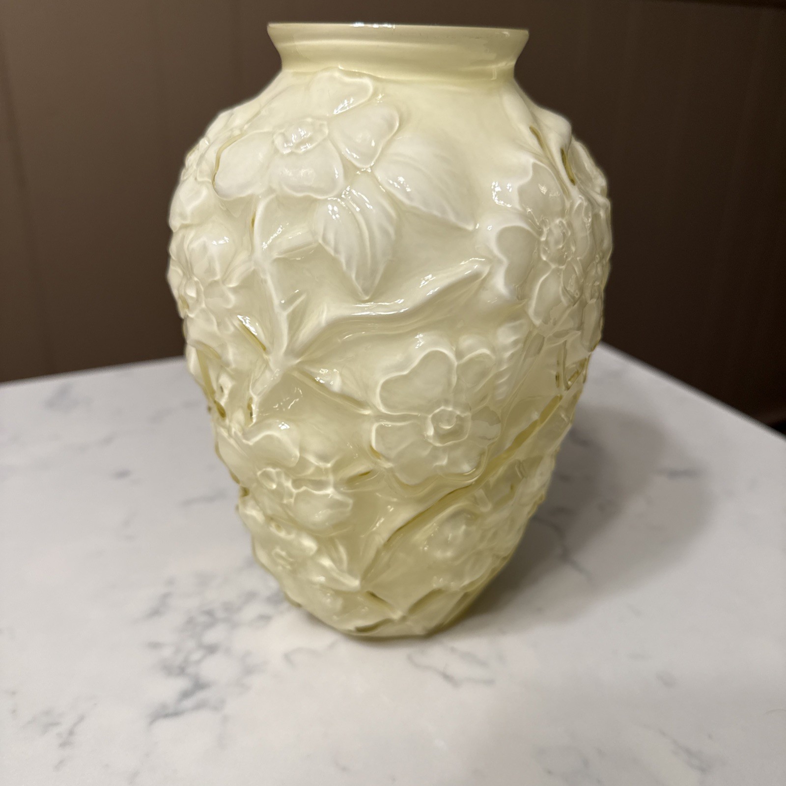 Vintage Fenton Canary Yellow & White Cased Glass 7” Vase Dogwood Pattern Marked