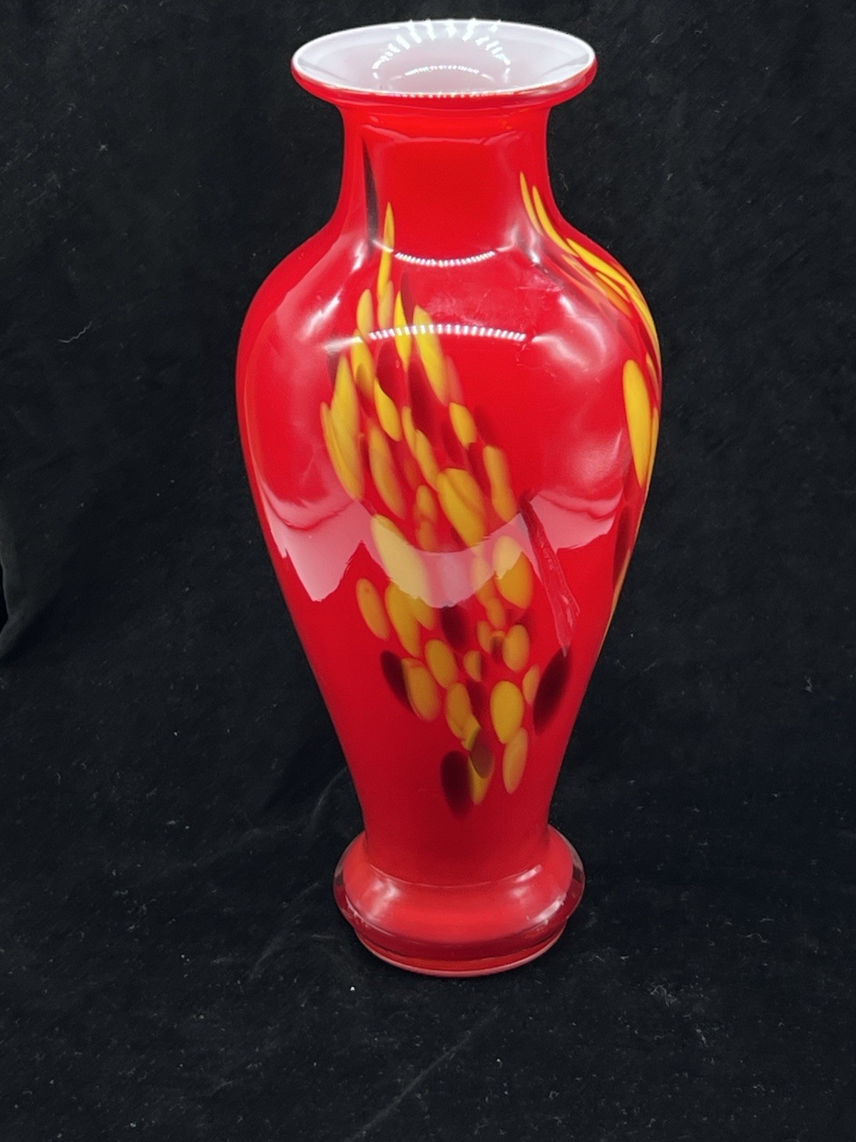 Bright Red Blown Glass Vase With Mottled Design—12.5”