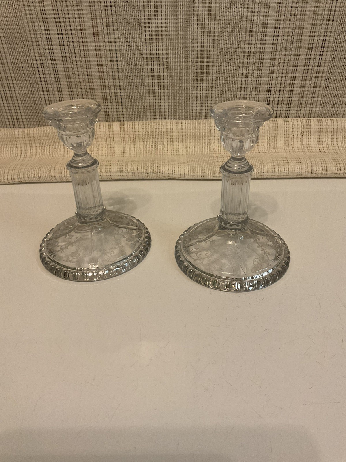 Pair Cambridge Rose Point 6 In Tall Rosepoint Candle Holders Rams Heads