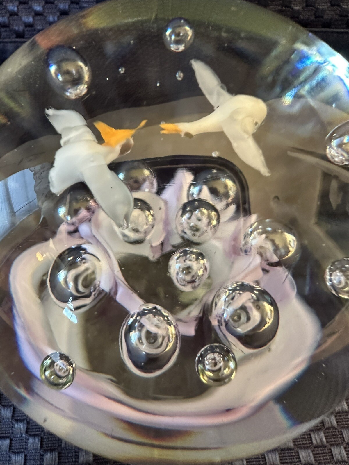 Birds Flying Over Water Purple Swirl Paperweight Art Glass Unbranded Vintage 3”