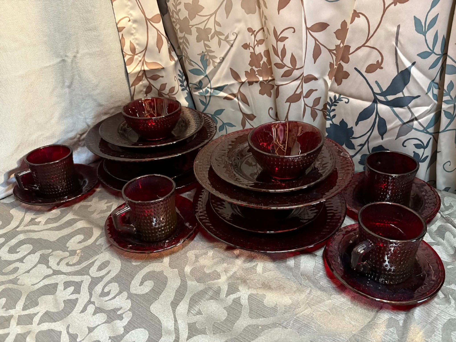 Vintage Ruby Red Glass Dinnerware: Hobnail Basket Weave 20pc Set