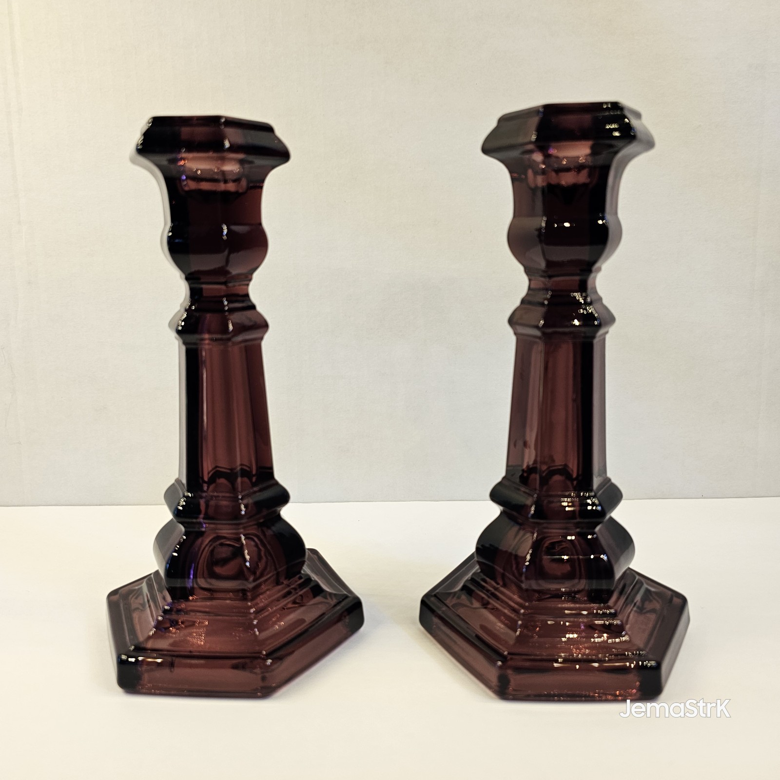 VTG 7.5″ Amethyst Glass Candlestick Pair Purple Hexagonal Metropolitan MUSEUM