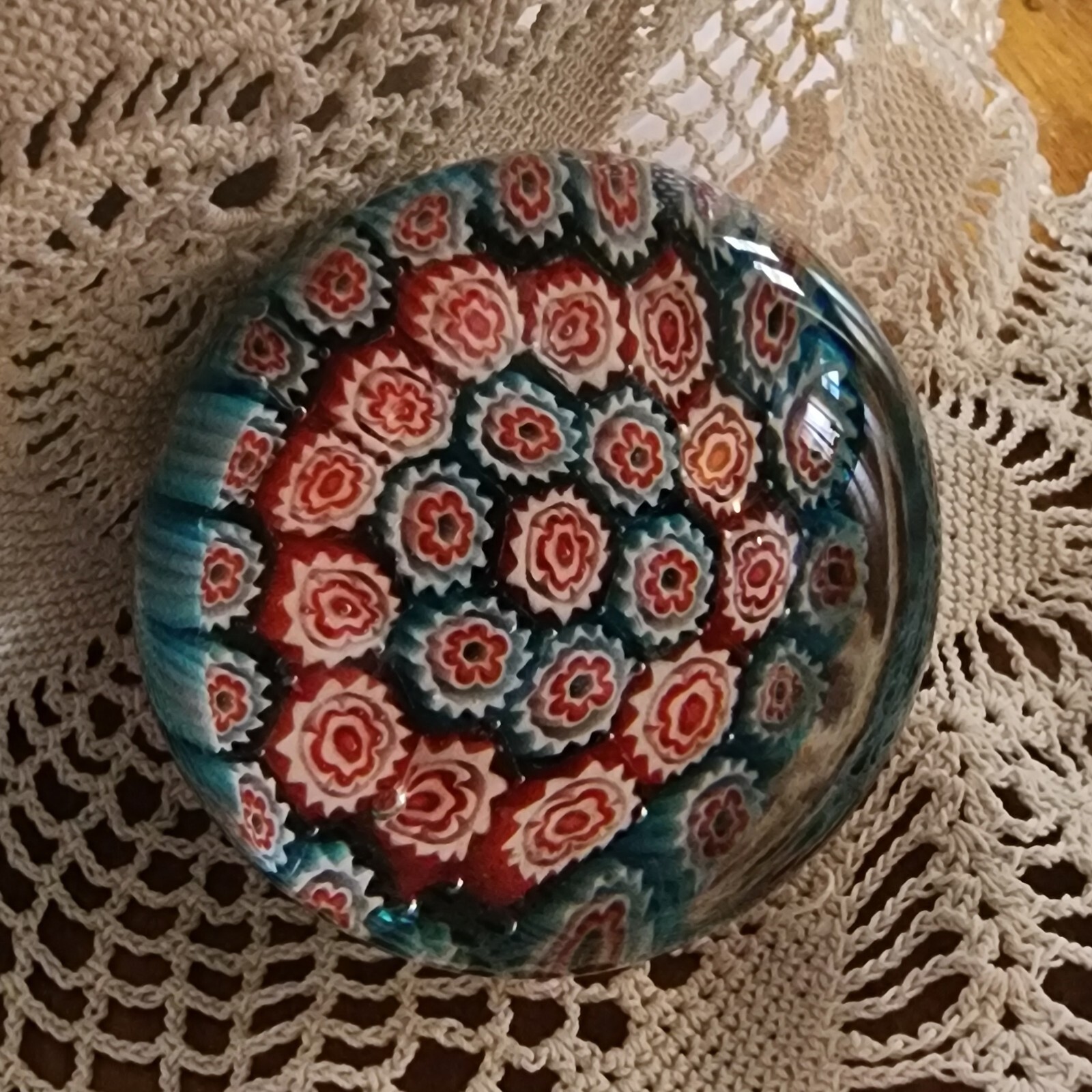Art Glass Paperweight MiIlefiori Red Blue Floral Round