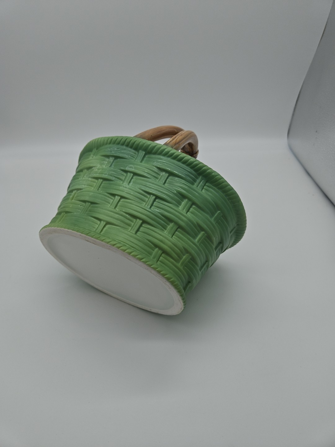 Vintage Porcelain Green Basket With Brown Porcelain Handle