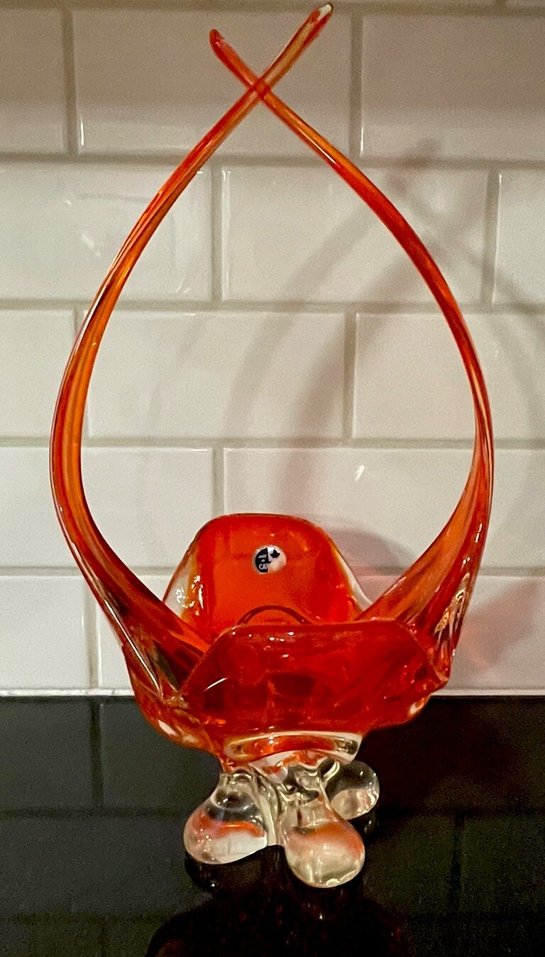Vtg 60s-70s MCM Chalet Glass Basket Orange Art Glass Canada 15” Original Sticker