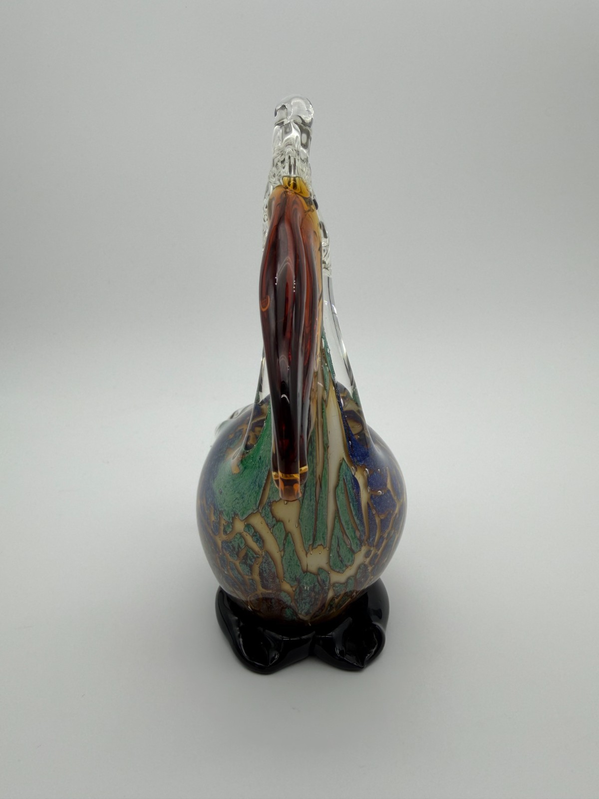 Hand Blown Art Glass Pelican Figurine Amber Beak Black Base Murano Style Bird