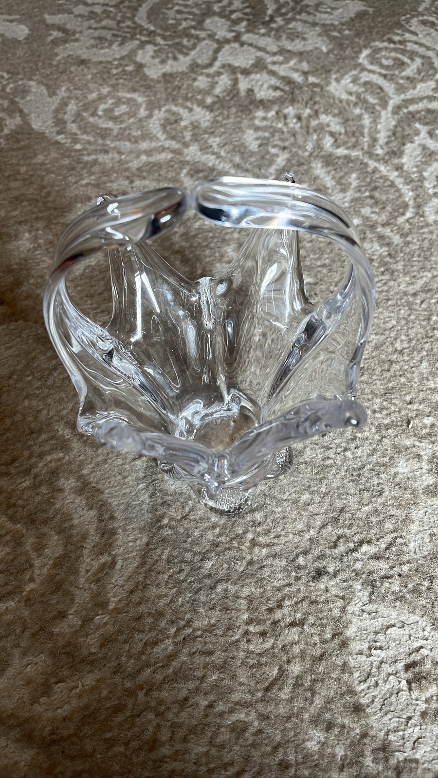 Clear Crystal Basket Bowl Hand Blown Art Glass Handle Centerpiece
