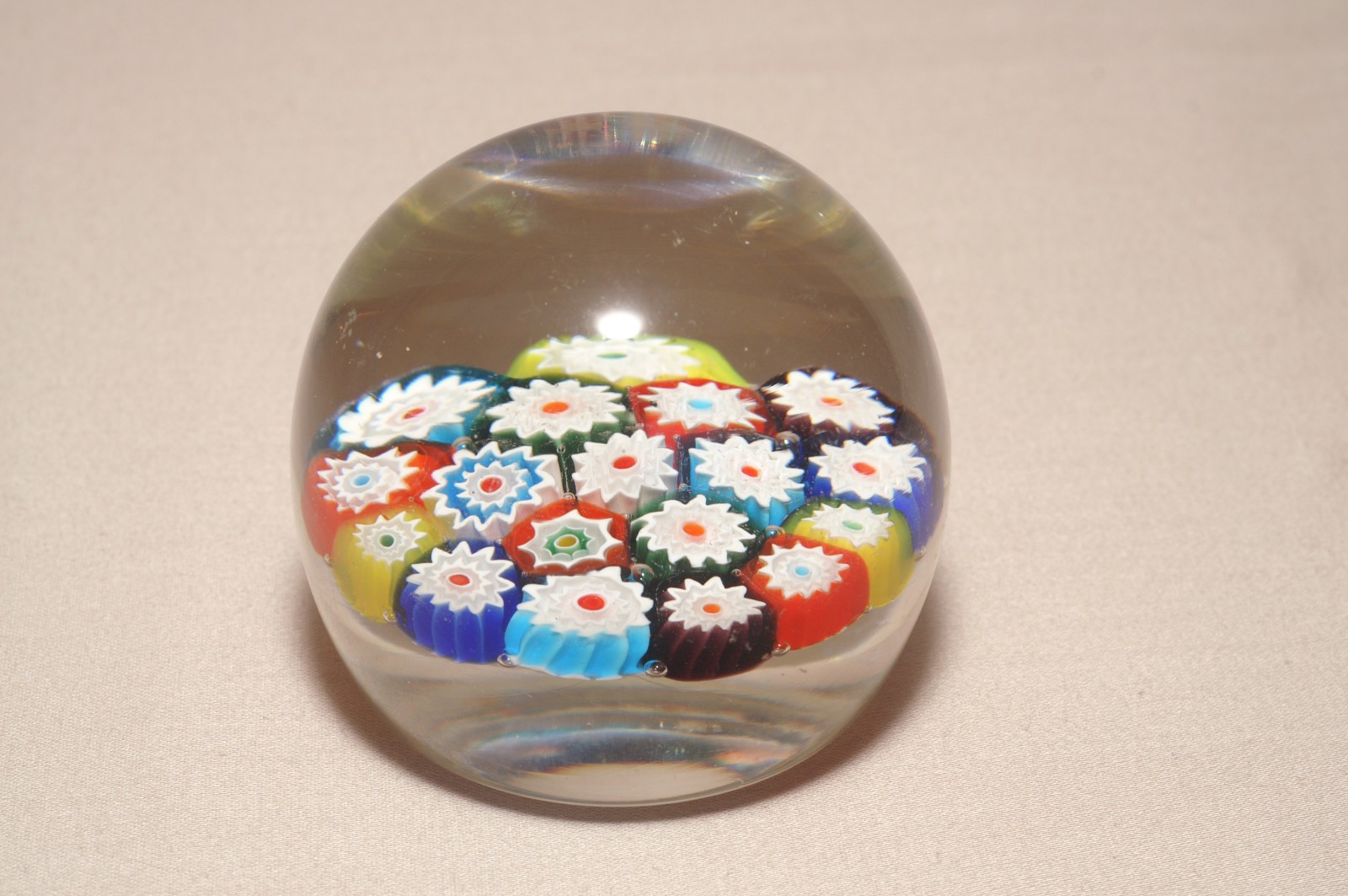 Fratelli Toso Murano Millefiori Glass Paperweight Colorful Canes Clear Dome
