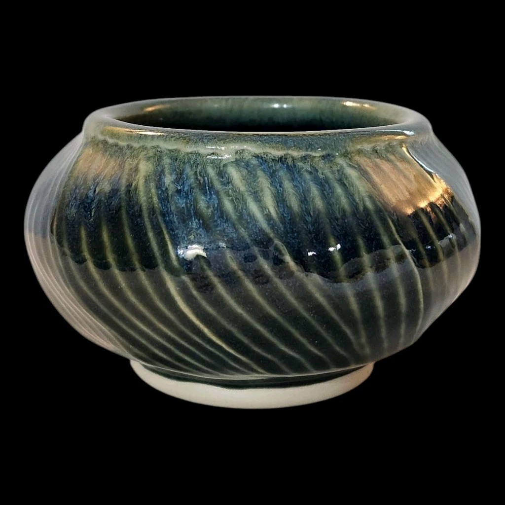 Handmade Ribbed Art Pottery Vase Signed Blue Green Turquoise Cocke Pottery 4.5”