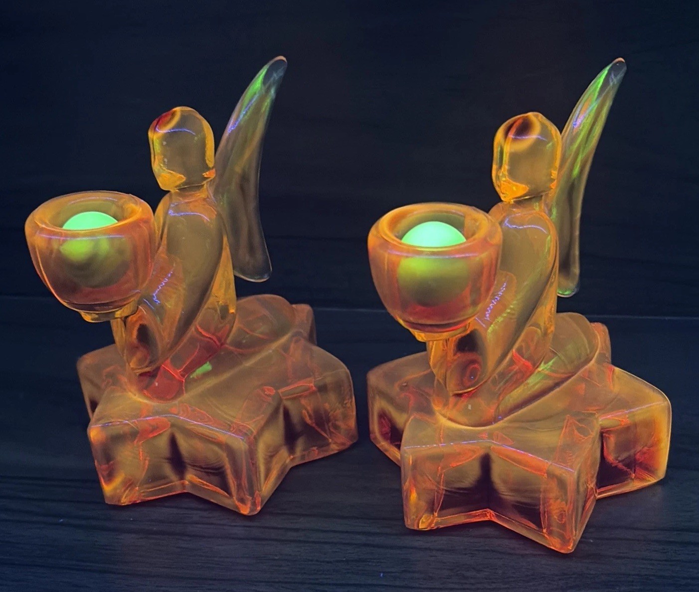 LE Smith Angel & Star Amberina Glass Candle Holders 5″ Cadmium UV Glow Glows VTG
