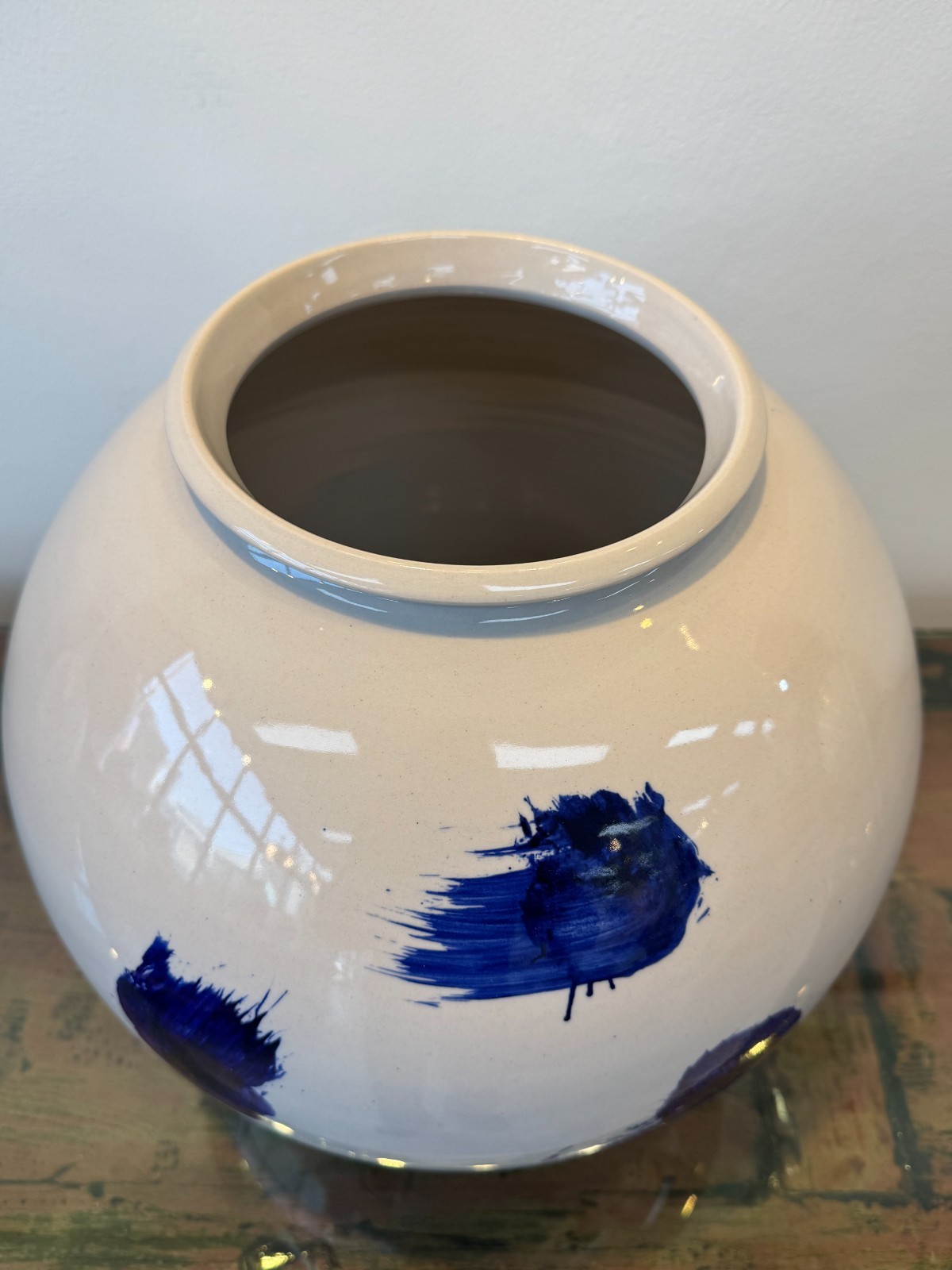 Korean Moon Jar 13″ Trinity Cobalt Brushstroke Japandi Wabi Sabi Handmade Signed