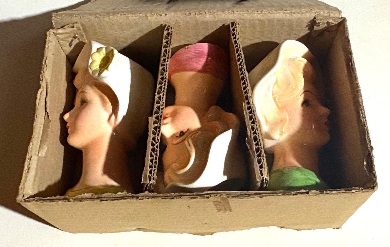Set Of 3 Vintage 1960s? Lady Head Vases in Their Original Box! Relpo, Chicago