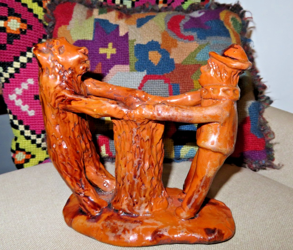 Vintage Turtle Creek Pottery Stoneware signed Cathy Gatch Man & bear tug o war
