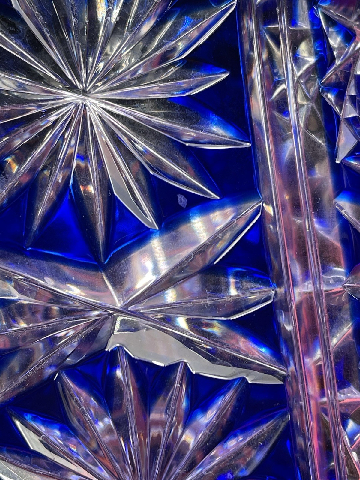 Bohemian Cobalt Cut to Clear Glass Vase Czech Blue Crystal Star Pattern 9”