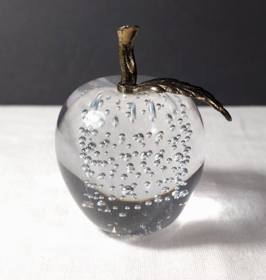 Vintage Glass APPLE PAPERWEIGHT w/ Controlled Bubbles ~ Brass Stem & Leaf 3.25″