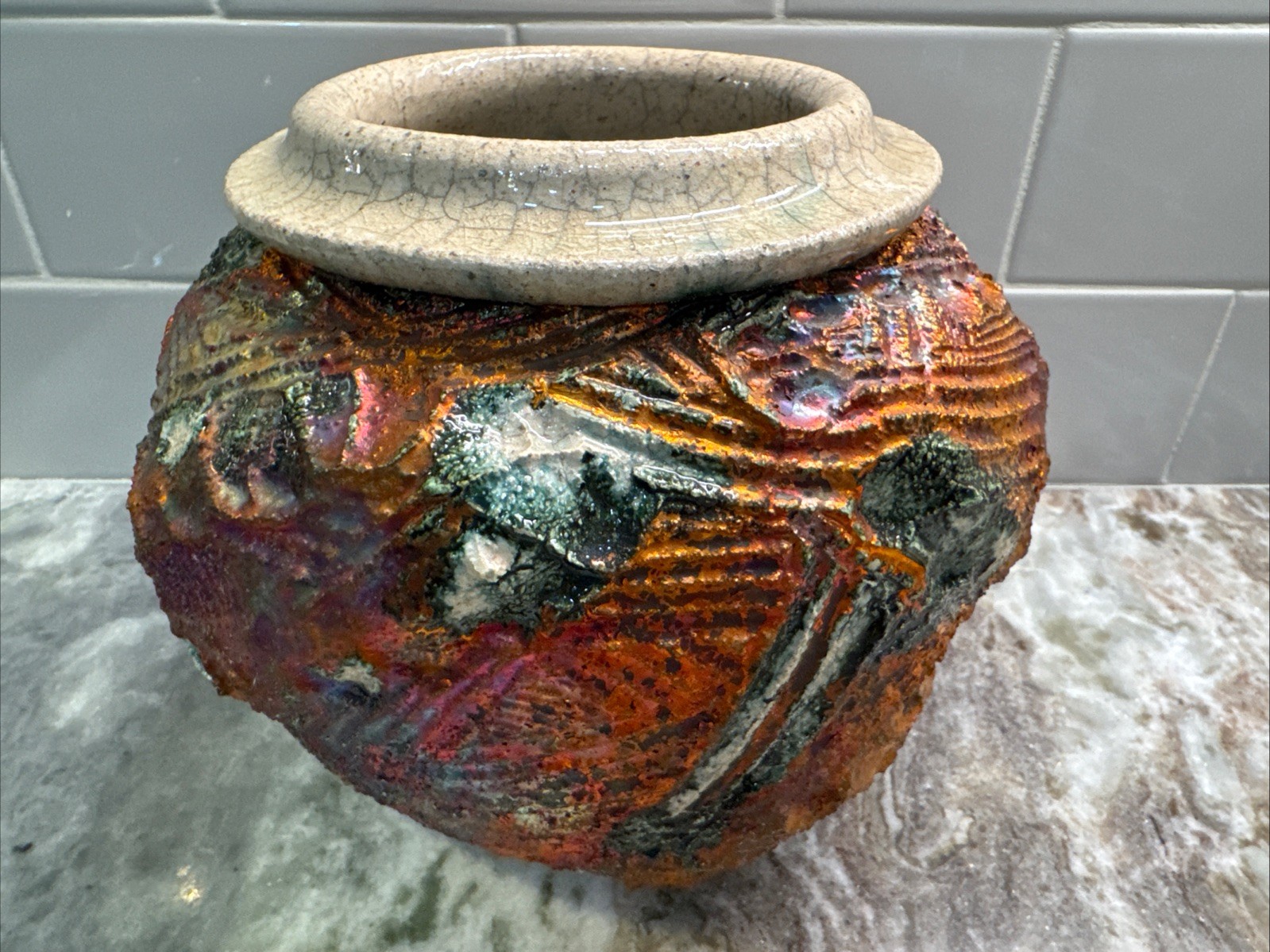 Bruce Odell Studio Pottery Raku Iridescent Vase, 2012 Signed, 5.75”x6.25” PO-LN