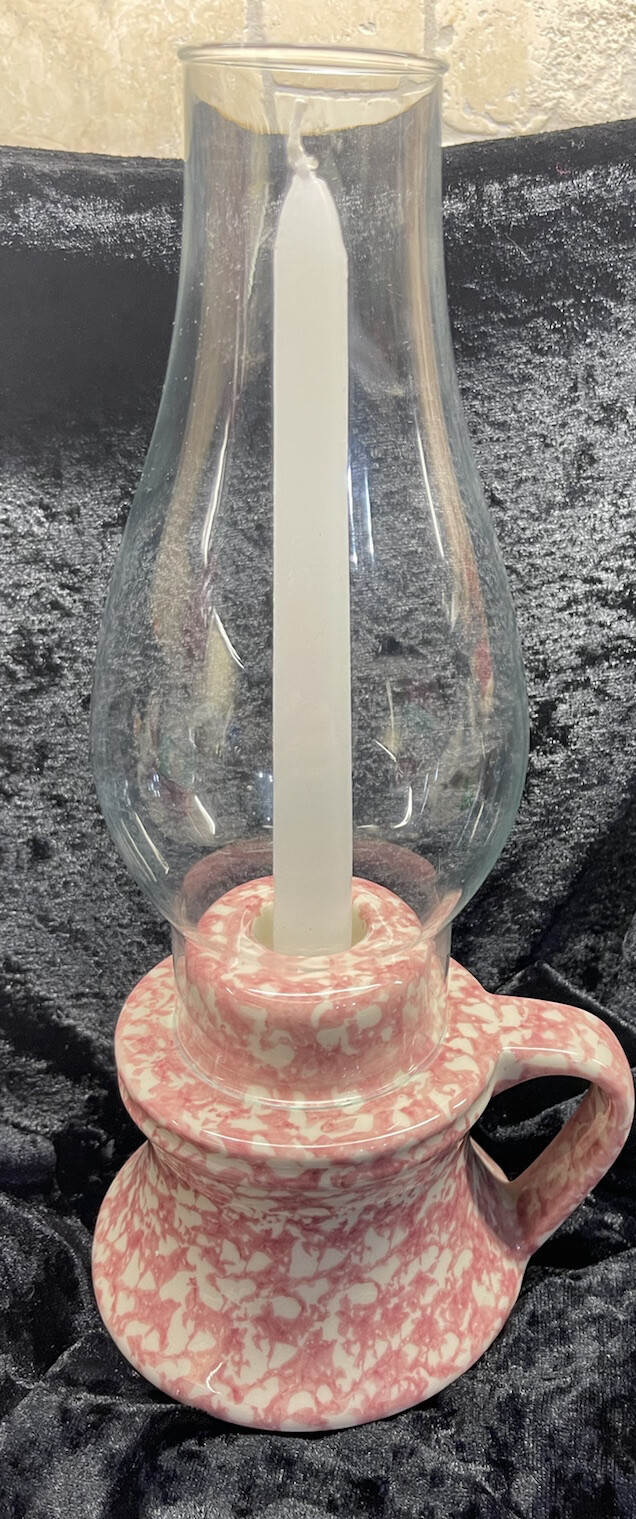 Pottery SPONGE Art Pink Chamber Stick Candlestick Finger Loop Holder 10 3/4”t