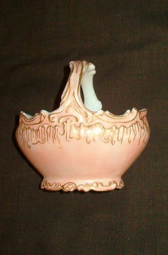 Antique Limoges Pink and Gold Fancy Handled Sugar Basket Green Stamp