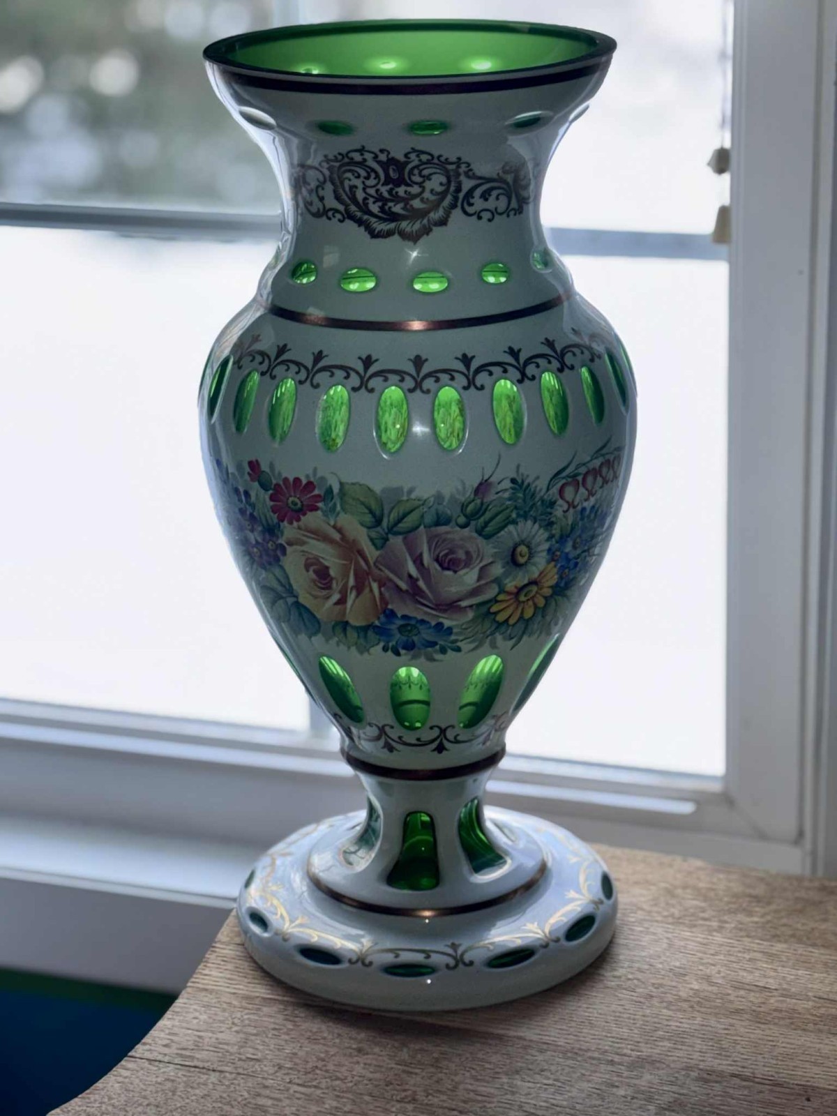 White & Green Glass Hand Painted Floral Vase Glossy Decorative Multicolor
