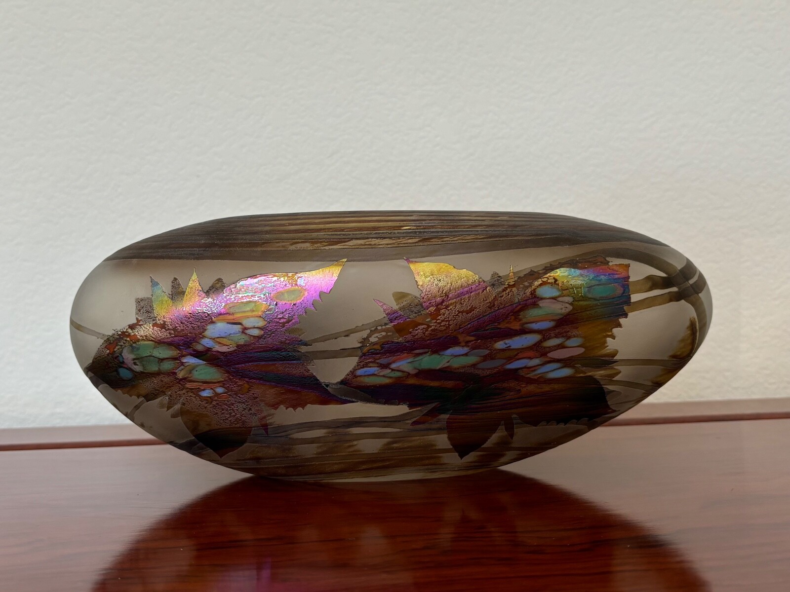 BOROWSKI GLASS STUDIO Transverse Oval Vase, Multi Color Flowers~GERMANY ~Signed.