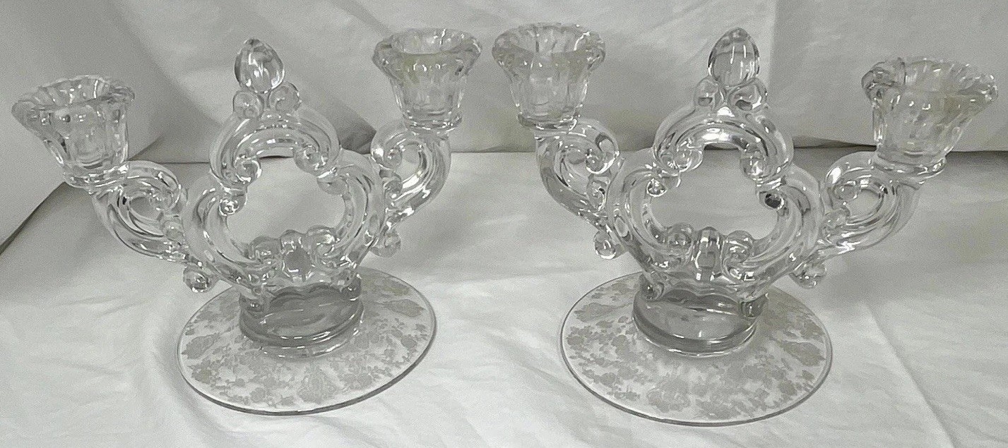 Pair Cambridge Rose Point Glass Double 2-Arm Candle Holder Free Shipping
