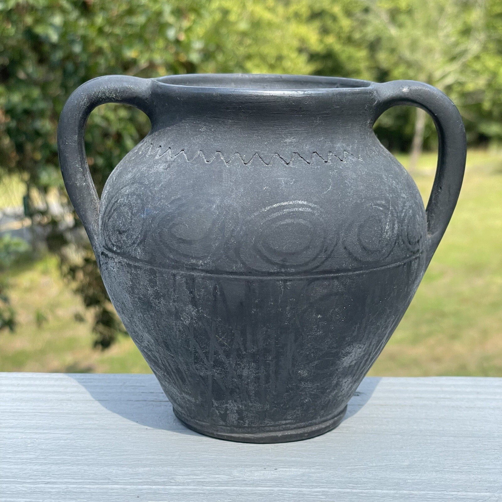 Vintage 20th C. Black on Blackware Pottery Romania Folk Art Two Handled Vase