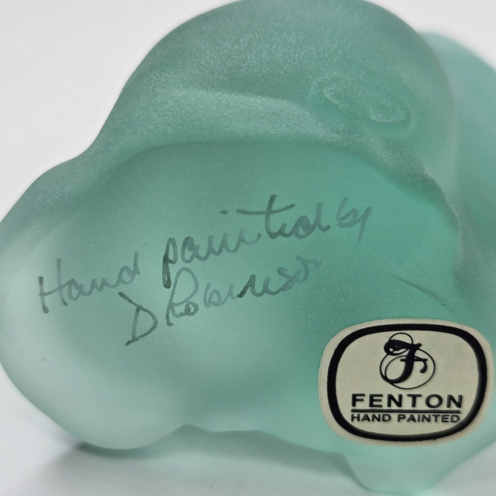 Vtg Fenton Heirloom Green Opaline Satin Opalescent Cat signed Handpainted Rare