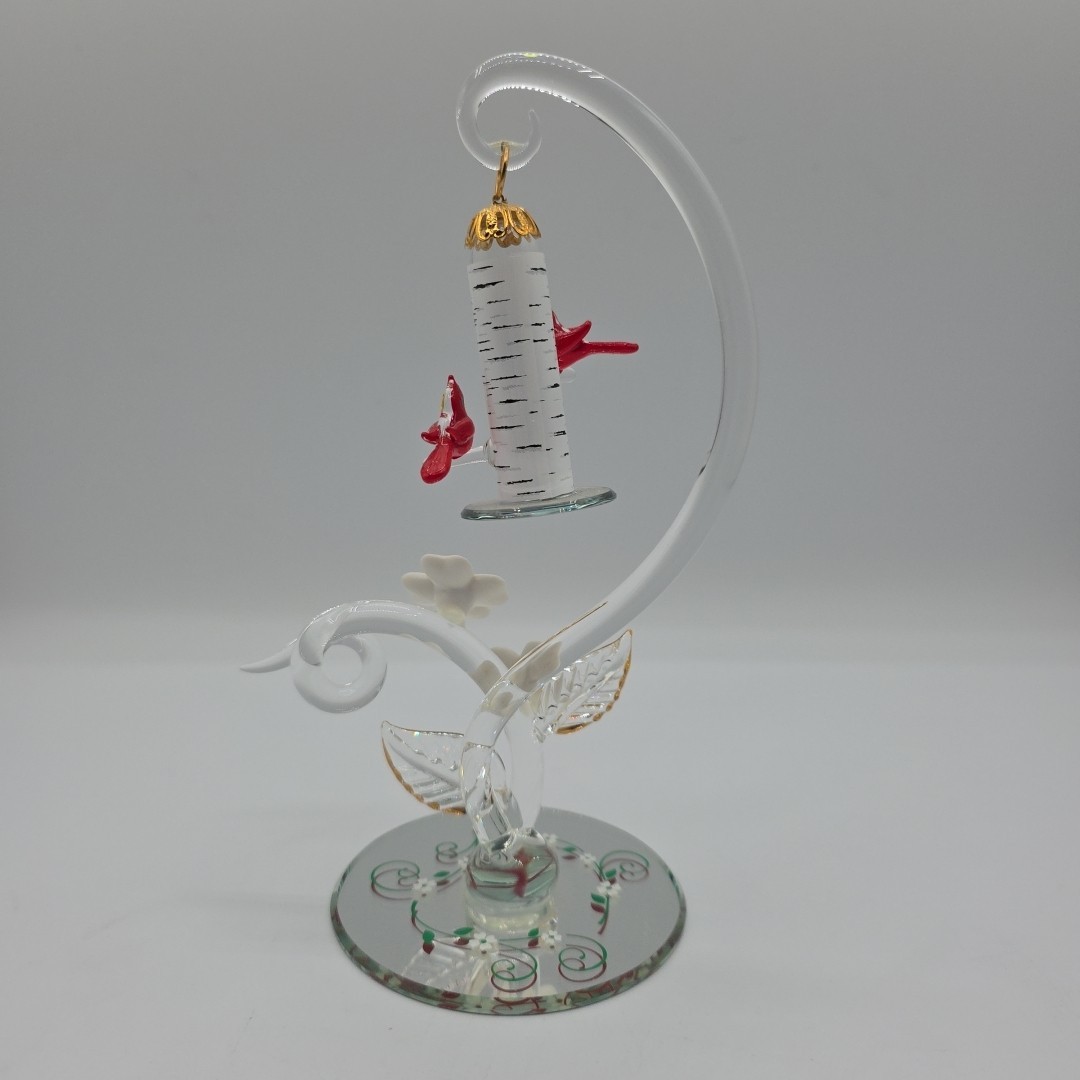 Glass Baron Cardinal Feeder Figurine Handcrafted Blown Glass Birds on Mirror
