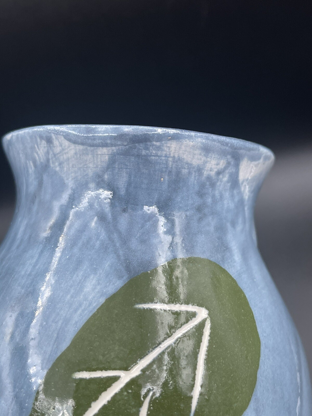 Barbara Eigen Pottery Vase Blue Green Leaves 5.25″x3″ Signed USA