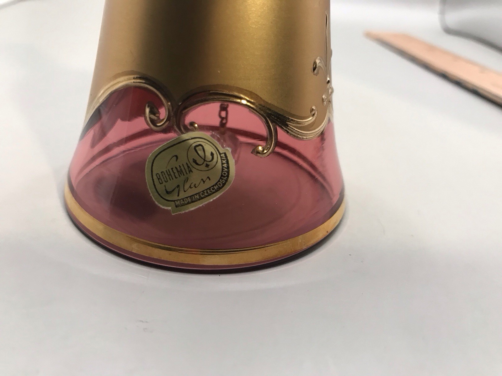 Bohemia Glan Made In Czechoslovakia Cranberry Bell With Gold And White Flower
