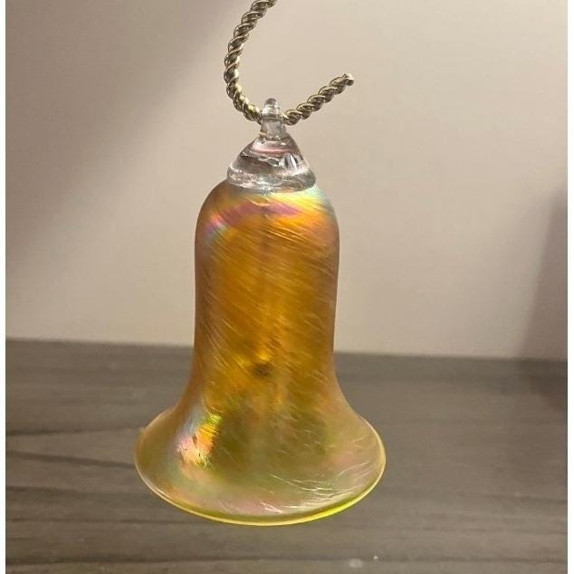 Vintage Hand Blown Iridescent Art Glass Bell Christmas Ornament 4.25″