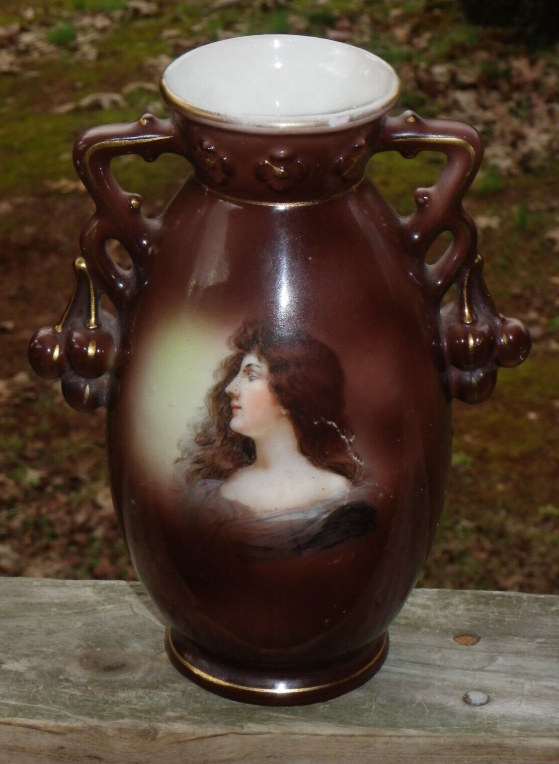 7 3/4″ Antique Porcelain 2-Handled Vase-Brown-Woman’s Portrait-Austria-1890-1920
