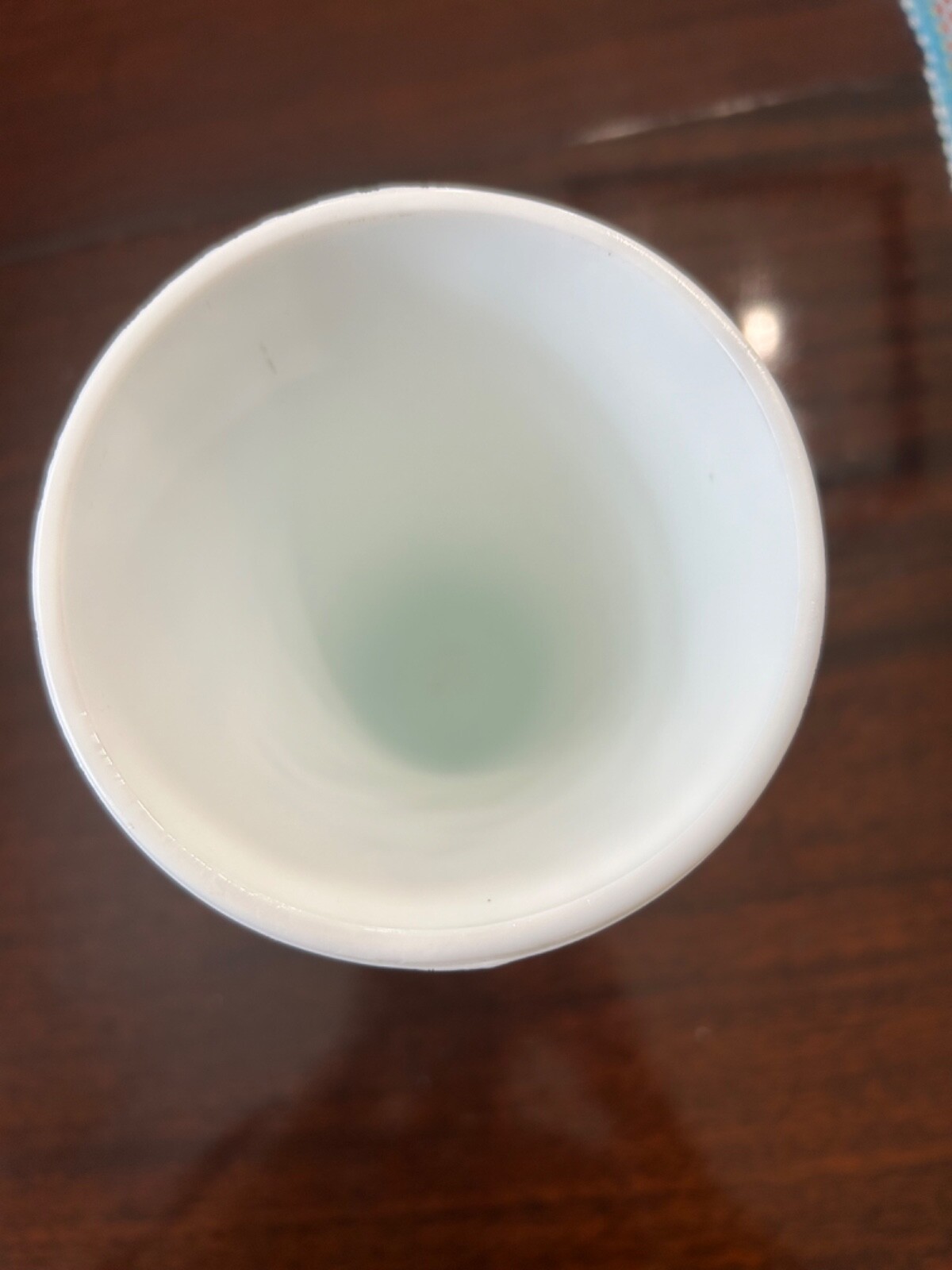 Vintage Indiana Glass Footed Milk Glass Vase, Grape & Leaf Pattern approx 8″