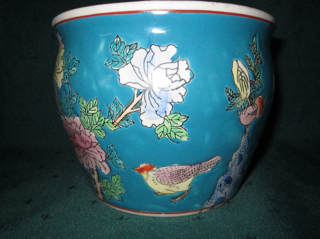 Earth-en-ware Flowers & Birdss Planter~VG~Aqua Color