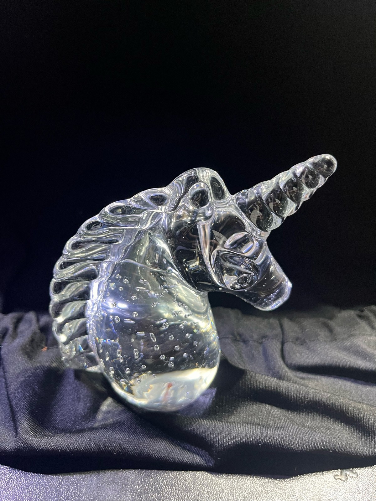 Clear Art Glass Unicorn Head Paperweight Controlled Bubbles Figurine