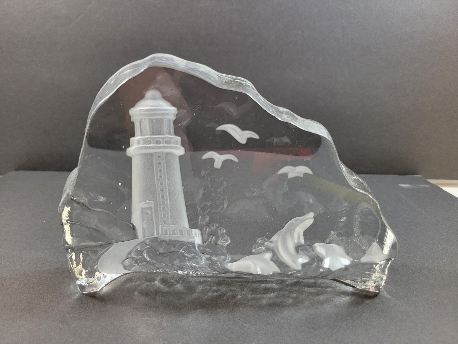 Large Carved Crystal 3D Art Glass Block Lighthouse Seascape Sculpture