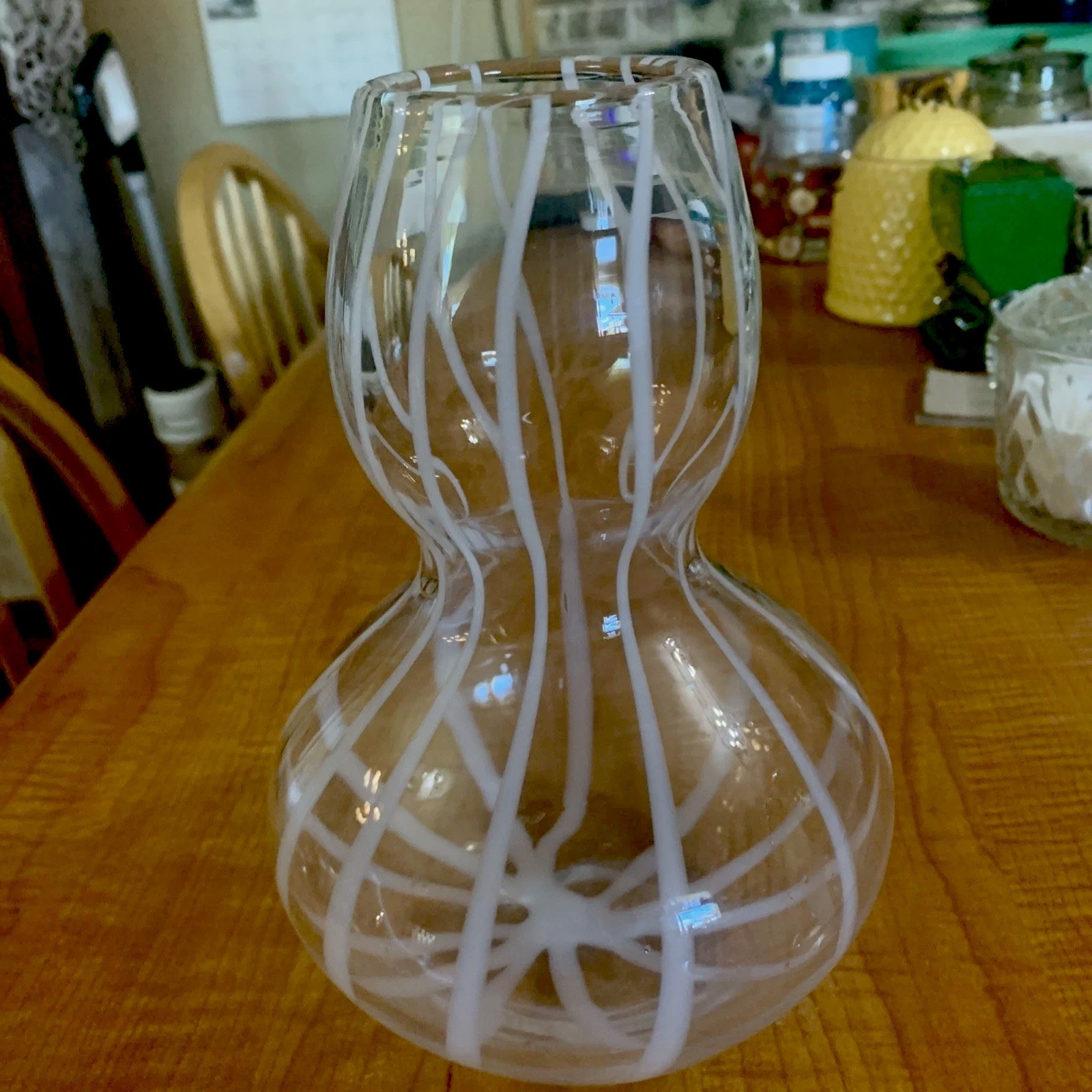 Beautiful Optic White Opalescent Striped Gourd Shaped Blown Art Glass Vase 8″