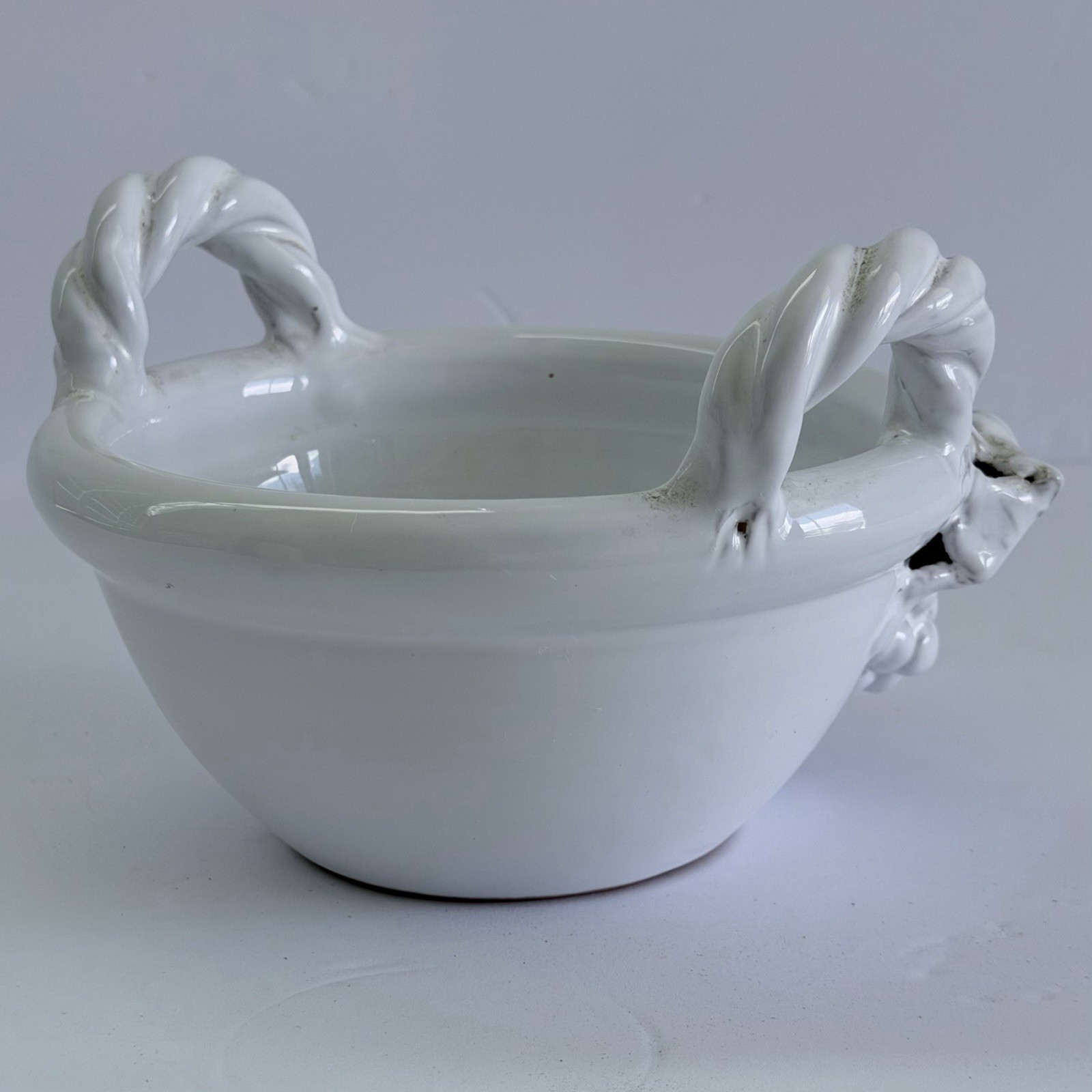 Blanc de Chine Bowl Basket Handthrown White Glazed Clay Grapes Grapevine Handles