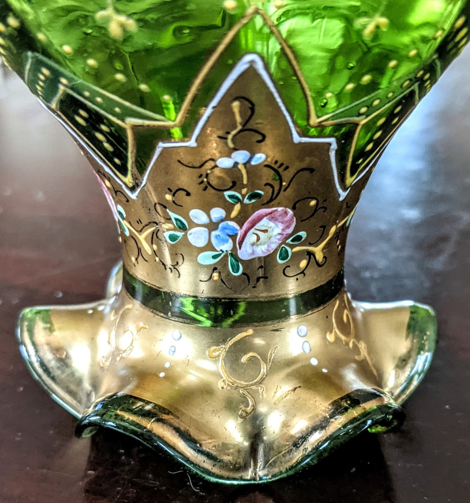 Bohemian Moser Green Glass Hand Painted Gold Gilt Enamel Floral Vase c1930