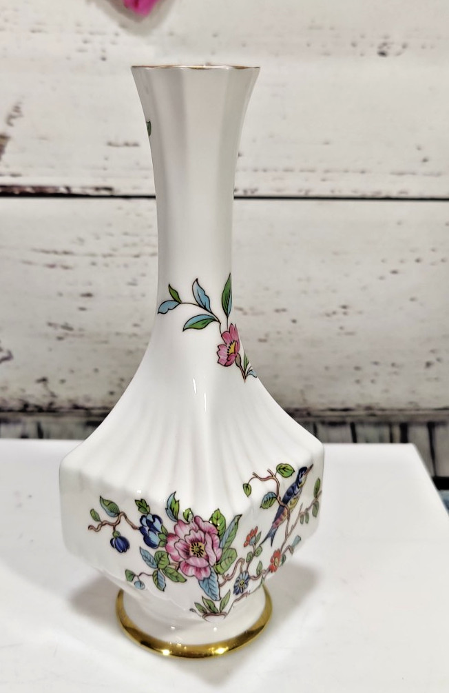 Vintage Aynsley Pembroke Bud Vase Bone Chinea Bird and Floral Pttern Gold Accent