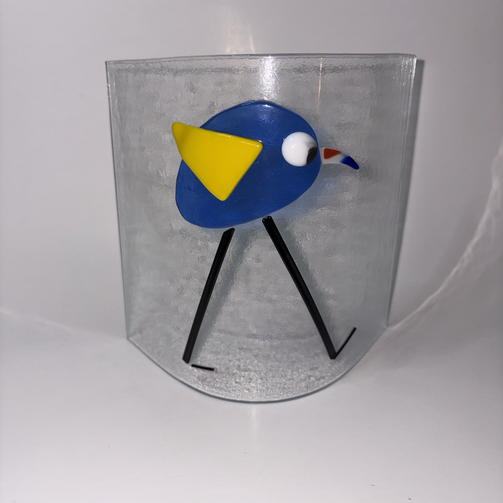 Fused Glass Bird on Curved Glass Sculpture Signed Blue Bird Home Decor 6”x6”