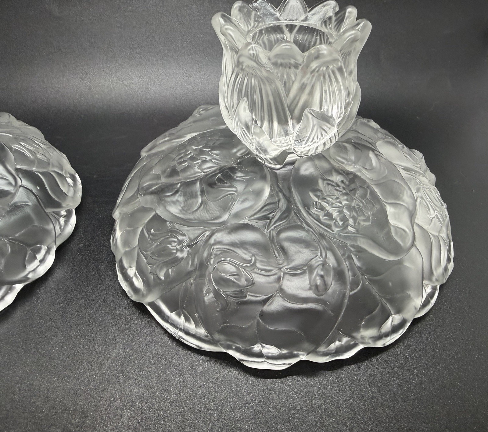 Vintage Fenton Frosted Clear Water Lily Glass Candle Stick Holders Set of 2