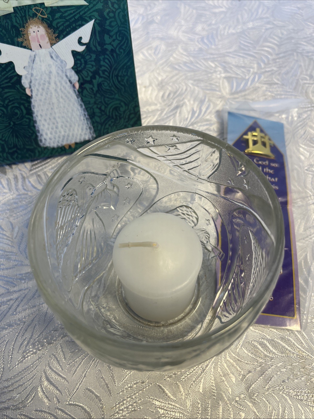 KIG Indonesia Clear Pressed Glass Votive Candle Holder with Angels Blowing Horn