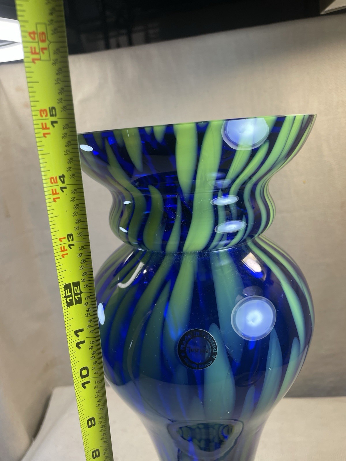 Polish Art Glass Vase Blue Green Justyna Hand Blown Heavy 14.5#008