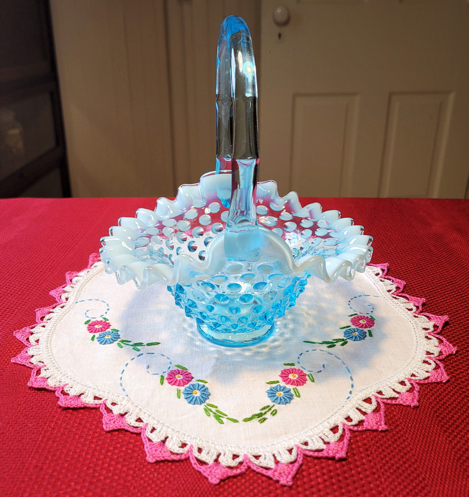 Vintage FENTON No. 3837 *BLUE OPALESCENT HOBNAIL* Glass BASKET 1940-55 1959 1978