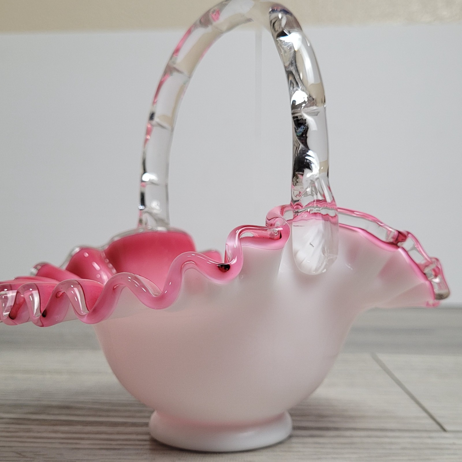 Vintage Fenton Peach Crest Glass Basket Pink White Milk Glass Ruffled Edge 1940s