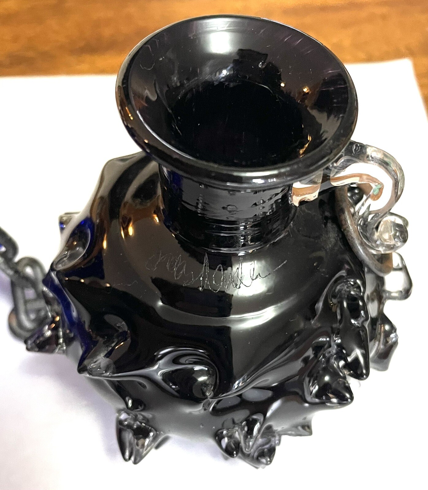 Spiked Blown Glass Double Vase Chain Cobalt Blue Black SIGNED Blown Unique *READ